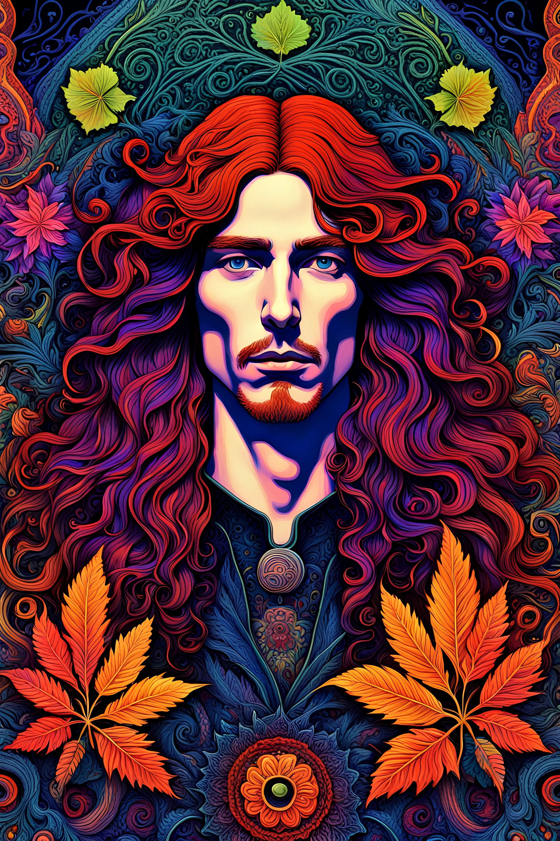 Gwilym Pugh, 3D embossed textured ethereal image; midnight hues, extreme colors, long-haired freckled redhead model Gwilym Pugh; trippin', psychedelic, groovy, art nouveau; indica, sativa, leaves, gig poster art, macabre, eldritch, bizarre, extreme neon colors, mixed media, velvet, paisley, embroidered, blacklight, uv