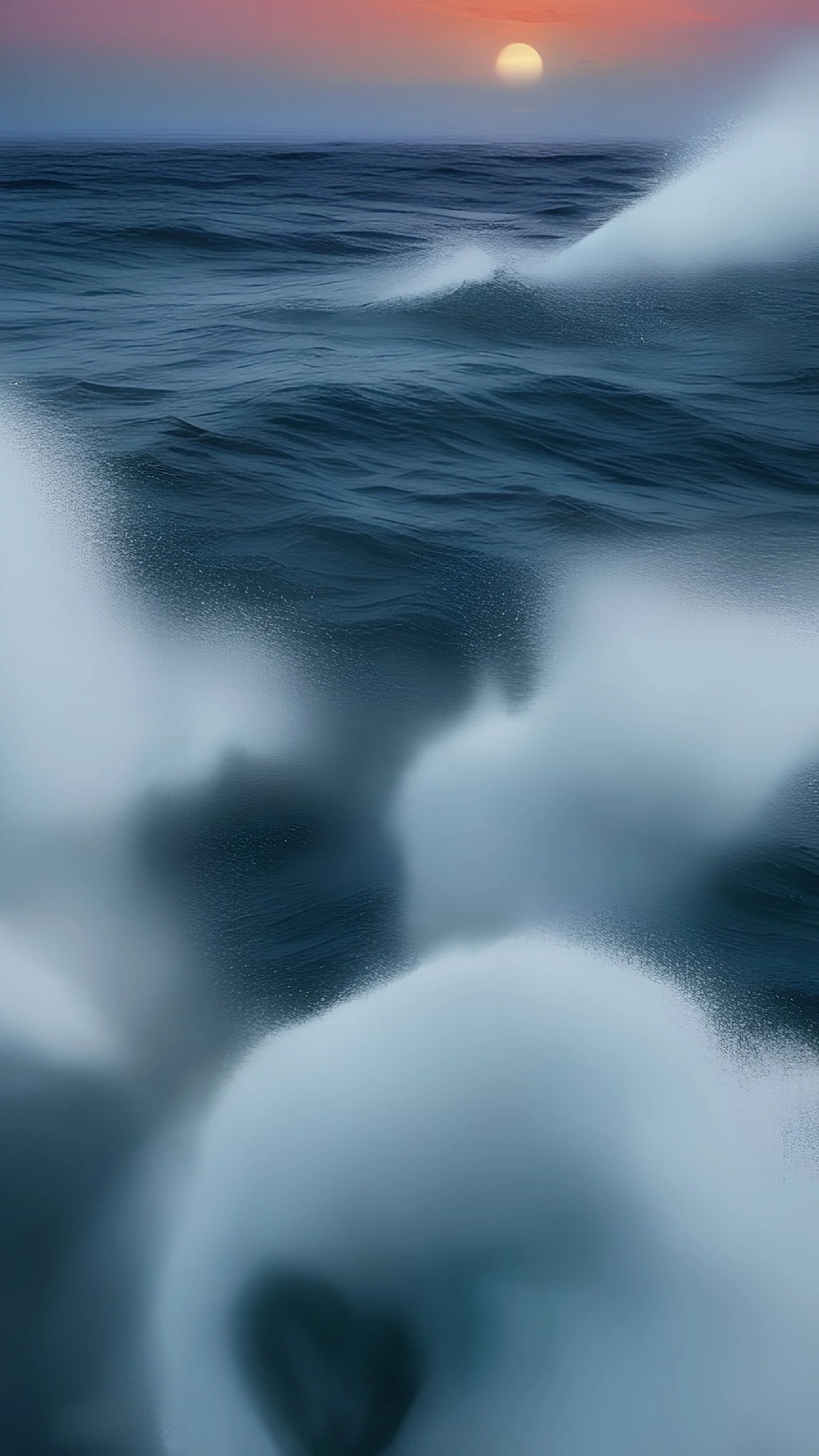 Exhilarating | Subject: A geometrically perfect formation of breaking wave crests, their foamy white edges stark against the deep blue ocean | Timing: Late afternoon, as the sun begins to dip towards the horizon | Lens: Wide-angle | Lighting Conditions: The warm, golden light of the setting sun casting a radiant glow on the waves, creating intricate patterns of light and shadow | Style: Fusion of dynamic natural beauty and abstract geometry | Colors: The vibrant blues of the ocean contrasted bea