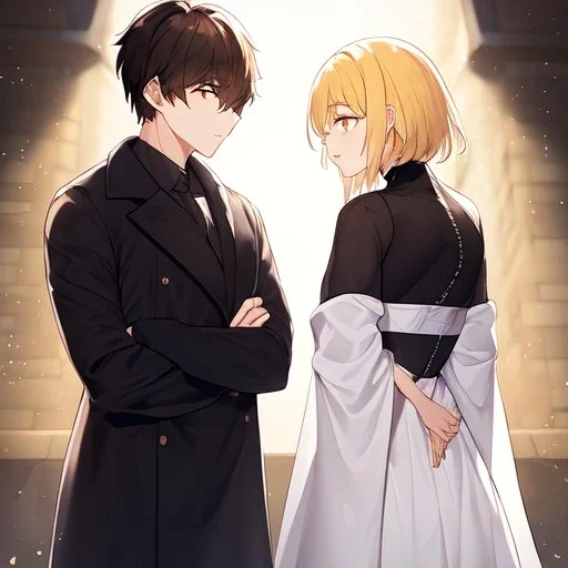 anime,ballancing scale, couple is standing back to back, female is wearing white dress and has yellow hair, male is wearing black coat with dark brown hair, man is tall, woman is short