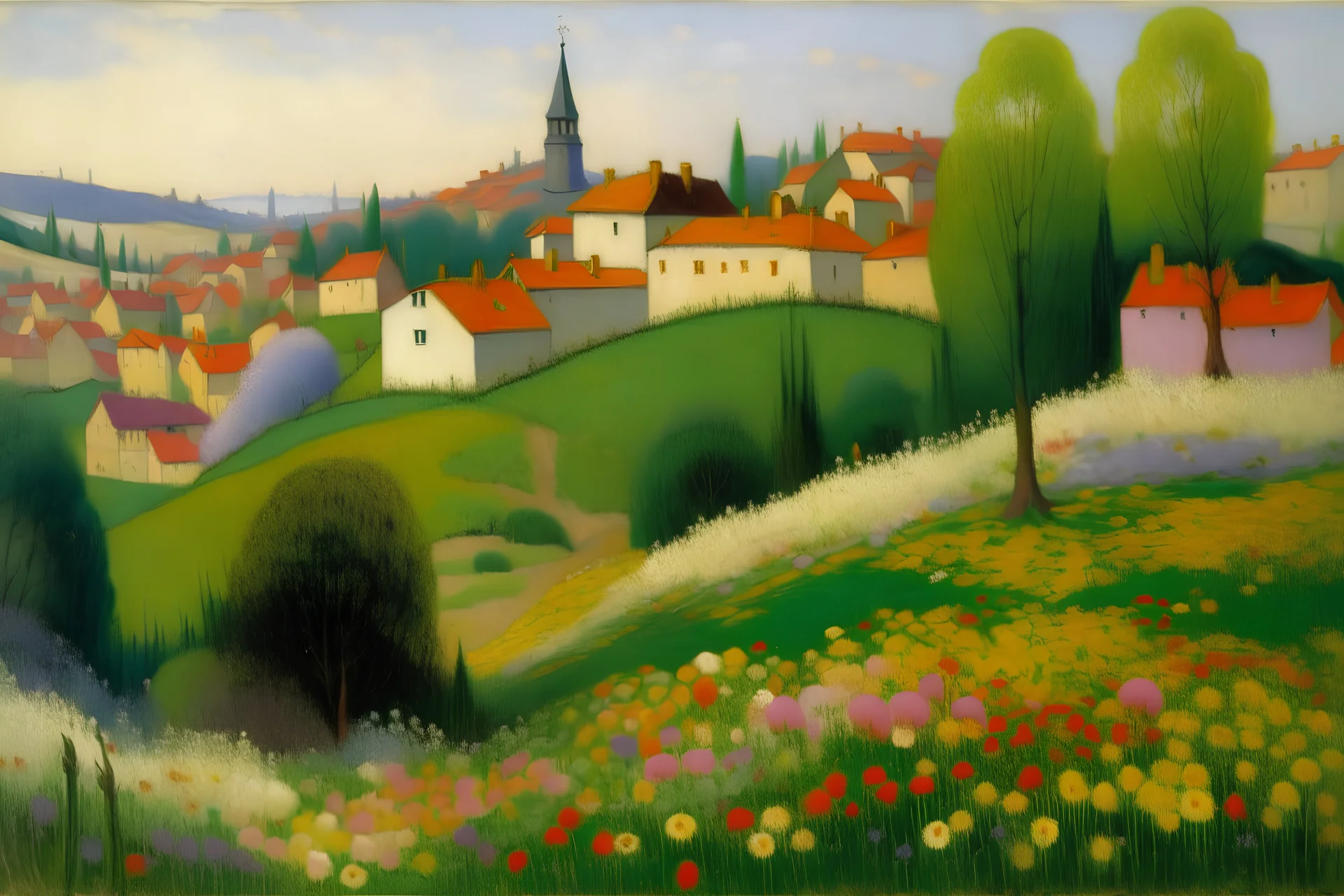 A town with a hill and spring flowers painted by Georges Seurat