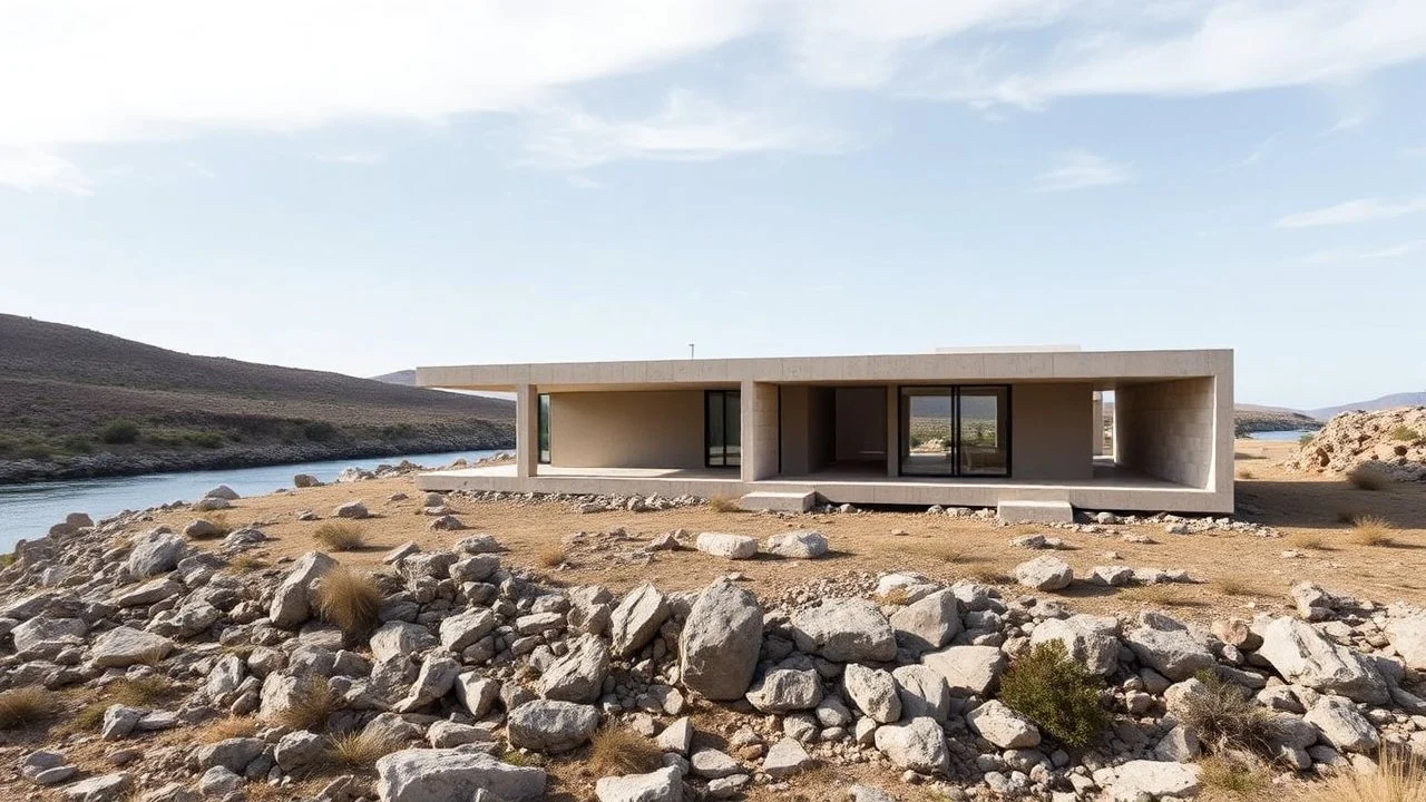 A single-family home inspired by the architecture of Álvaro Siza Vieira, situated in a rocky landscape next to a peaceful river. Designed with minimalist design principles, it blends into the rugged terrain with a balance of geometric shapes and natural surroundings.