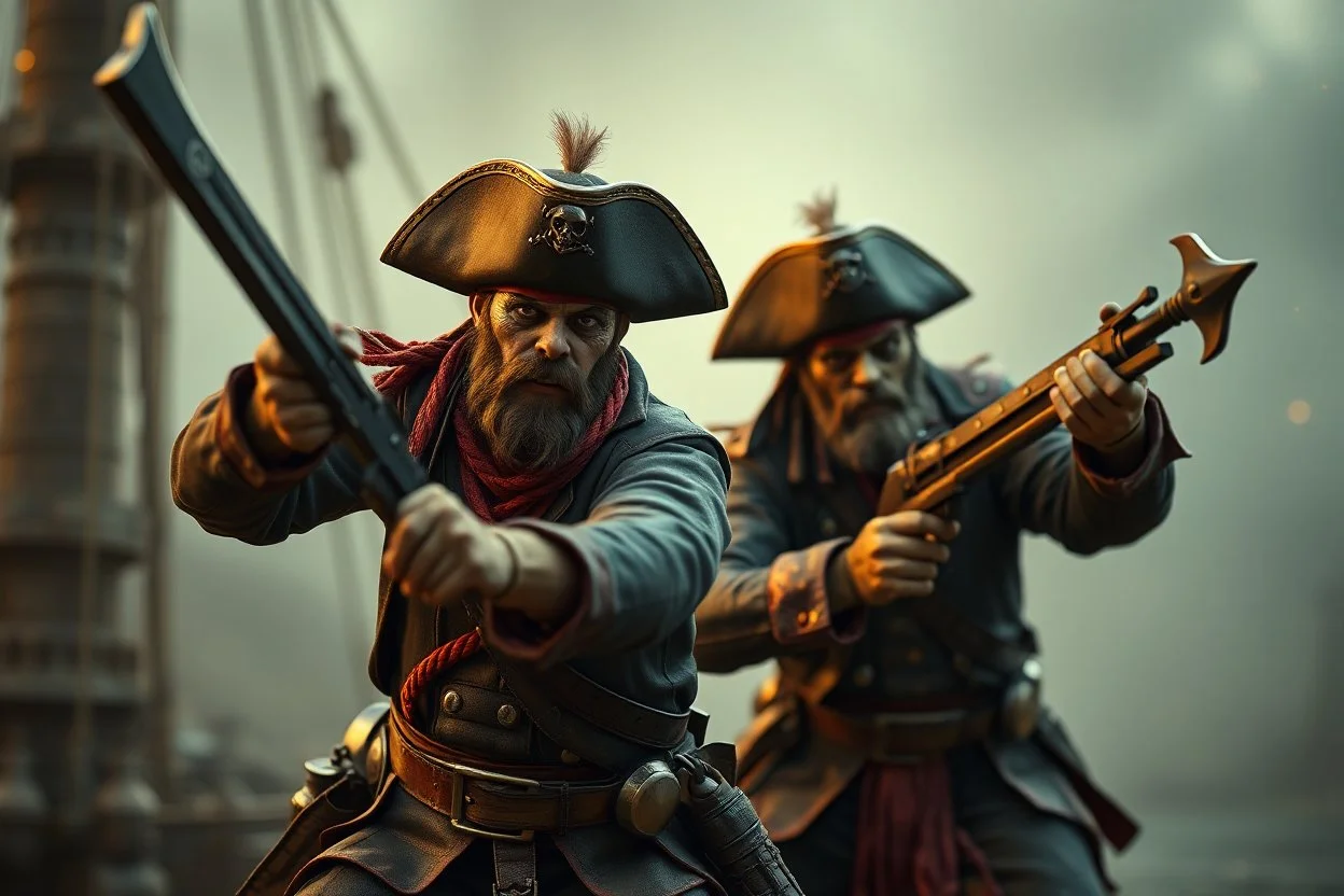 bad ass nerd swashbuckler pirates fighting like crazy in the style of Fallout 4 , bokeh like f/0.8, tilt-shift lens 8k, high detail, smooth render, down-light, unreal engine, prize winning