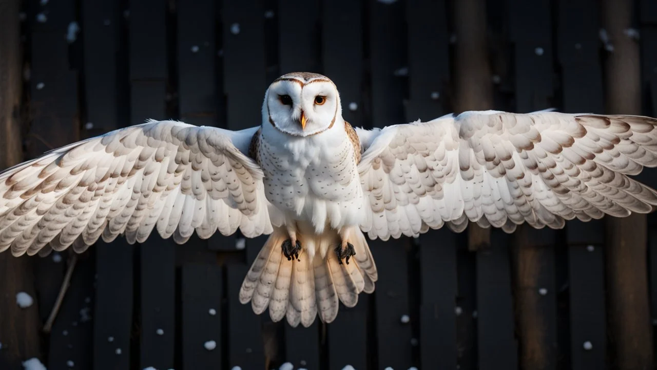 angel's view back to the camera a barn owl fly from the back from the top view flying over a winter small village, snowy landscape, little light, sunrise, some small Hungarian old country houses from above, perspective, high detailed, sharp focuses, photorealistic, cinematic