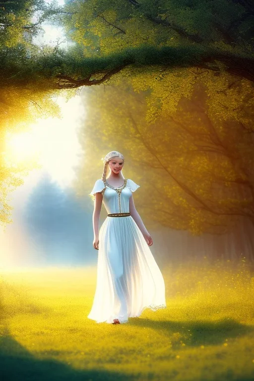 young elf woman, countryside, blonde braids, trees, magic, motif, white dress, cinematic, forrest, happy, 3d art, alfons mucha, photography, smile, nature