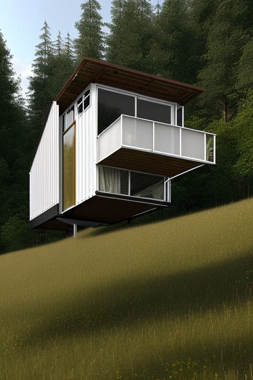 Medium-sized modern house made from shipping containers, on a hill overlooking the woods, photorealistic