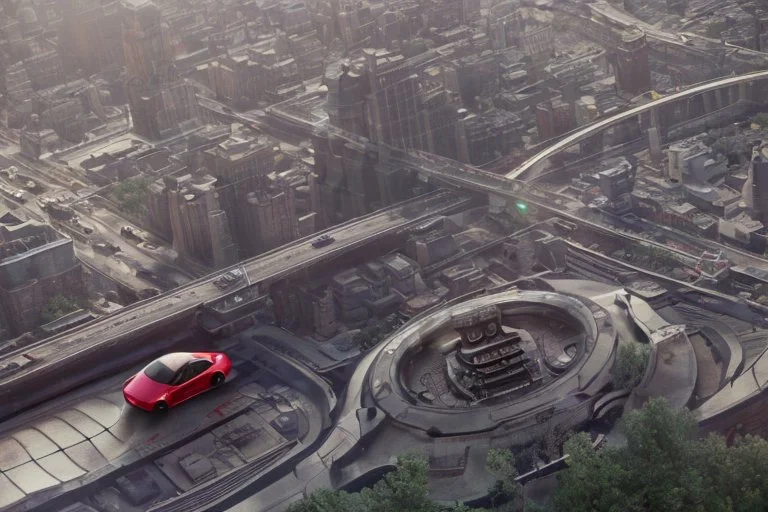 A Tesla 'Model S' is racing at top speed, near the 'Statue of Liberty' in New York. CINEMATIC. WIDE ANGLE LENS. PHOTO REAL.