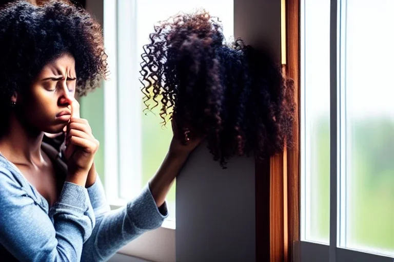 Crying girl, sad, expressive, emotive, frowning, furrowed eyebrows, pouting lips, African American, curly hair, looking out rainy window,