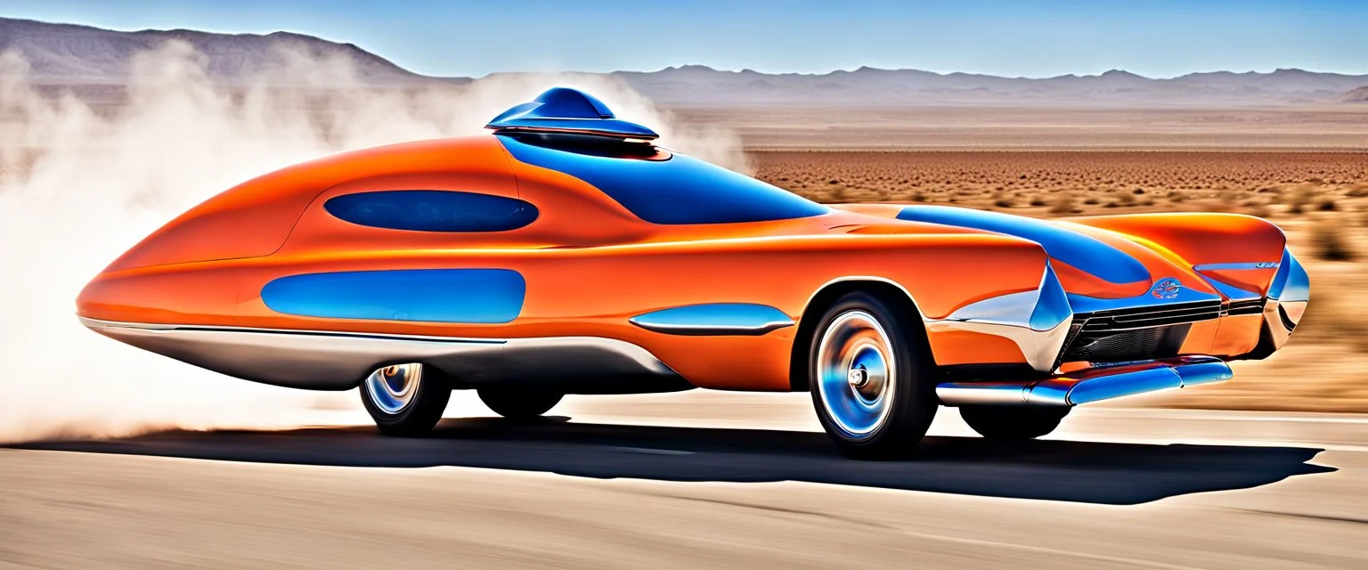 award winning car and driver photograph of a futuristic station wagon designed by only one vehicle per image painted metallic orange traveling at a high rate of speed, jet intake off of front center of vehicle and jet exhaust out the rear with bright blue flame, bilaterally symetrical, more a high speed road vehicle