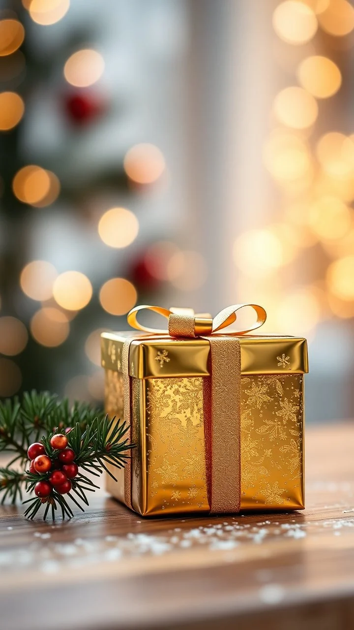 pine branch and shiny gold Christmas gift box with ribbon, festive atmosphere. in blur background, warm lights, hig realistic, perfect shot, professional photo