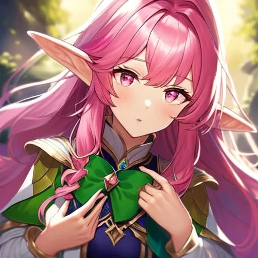 girl, masterpiece, best quality, volumetric lighting, dynamic pose, detailed outfit, perfect eyes, pink hair, pink eyes, messy hair, long hair, elf, holding bow,