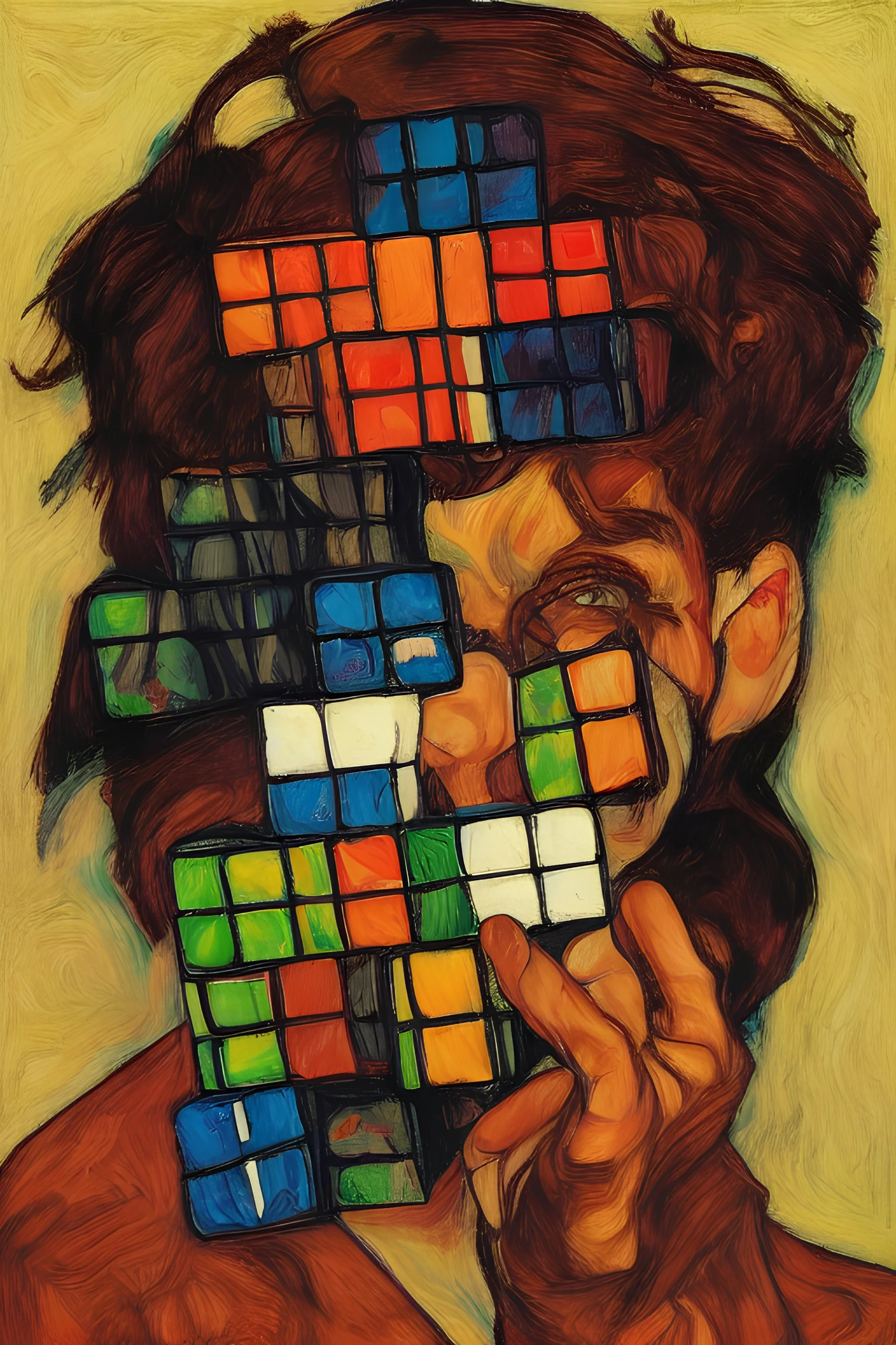 Rubik's cube in the style of egon Schiele
