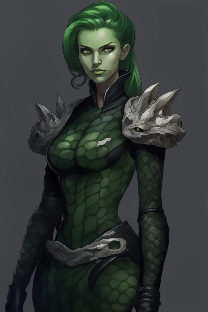 female snake humanoid, green scales, wearing a black leather armor, dungeons and dragons