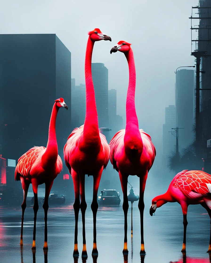 three giraffe-headed flamingos with giraffe neck and head and giraffe pattern, standing in a gloomy cyberpunk downtown kerbside in overdrive, acrylic and oil, minimalist, cinematic, dramatic, (glitch deconstruction:1.7), centered,, amazing verticals, excellent parallels