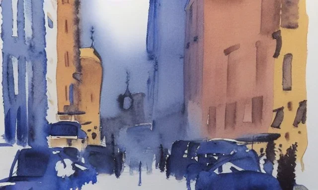 watercolor, city, ultramarine blue, raw sienna