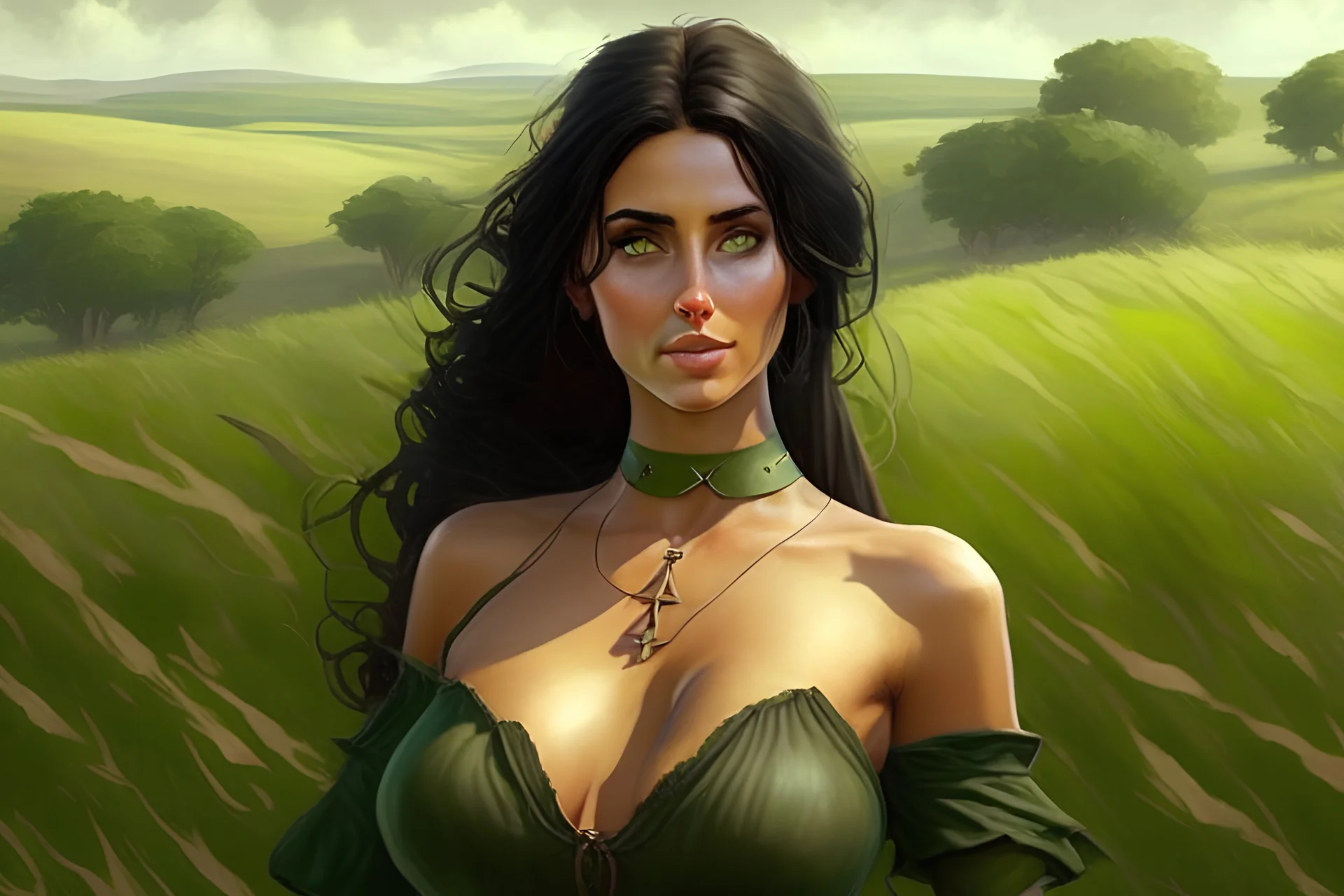 sexy medieval woman, green eyes, tanned skin, dark brown hair, very low plunge dress, huge boobs, field background, realistic