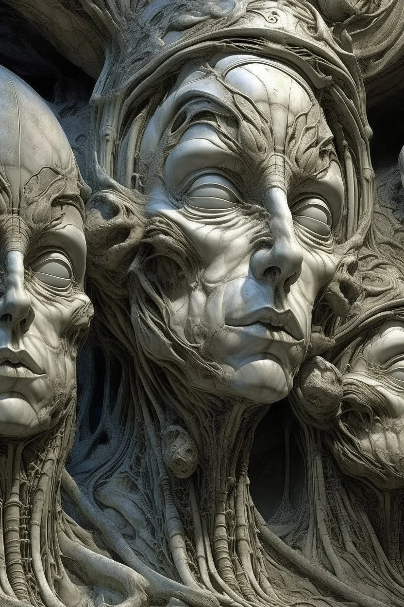 sculpture of a beautiful woman, Multiple faces . decayed and rotting with grotesque proportions and imagery. abstract grotesqueries, detailed texture, surreal horror, biomechanical design, by hr giger and beksinski
