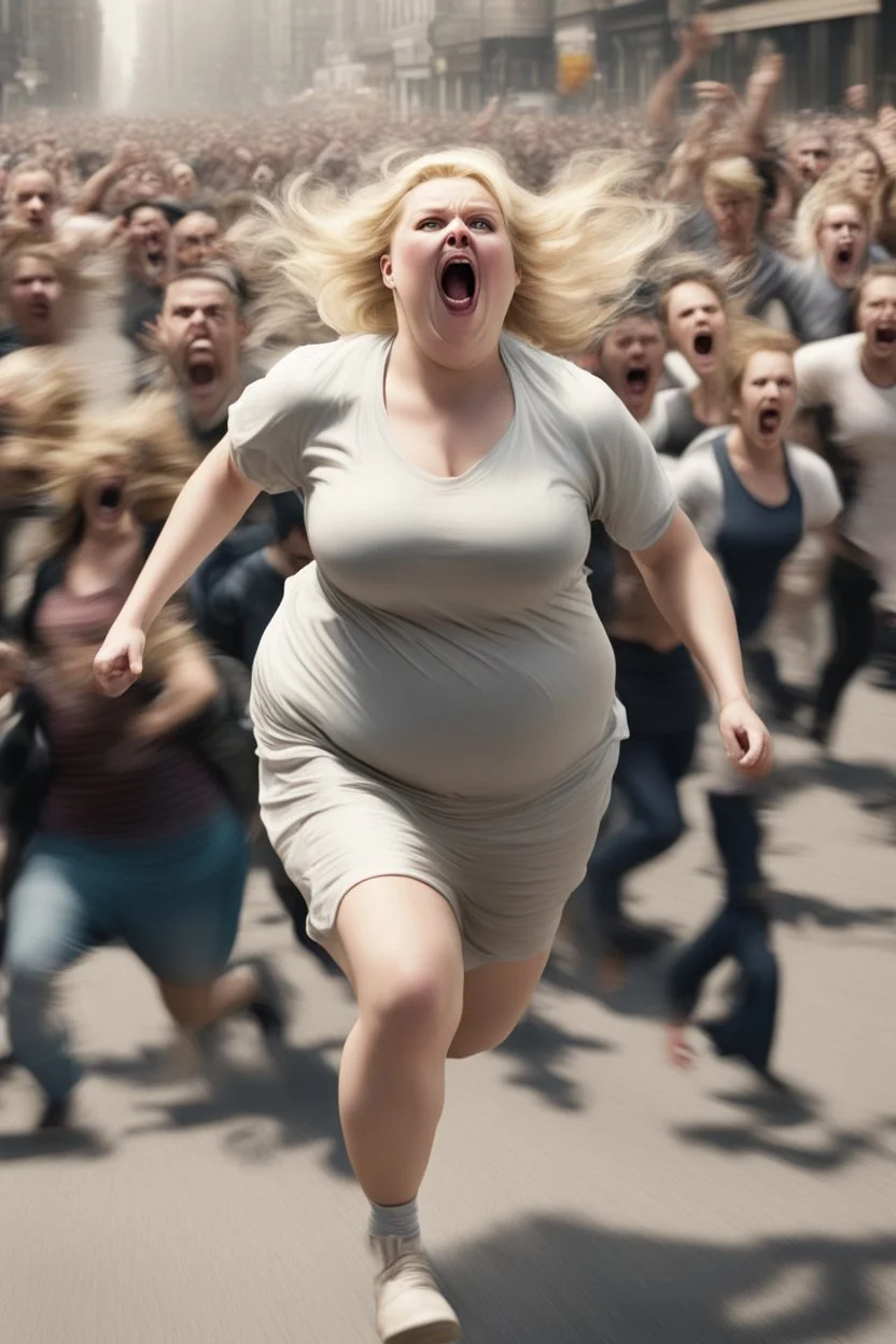 an obese terrified blonde woman running away from an angry mob of hundreds chasing behind her