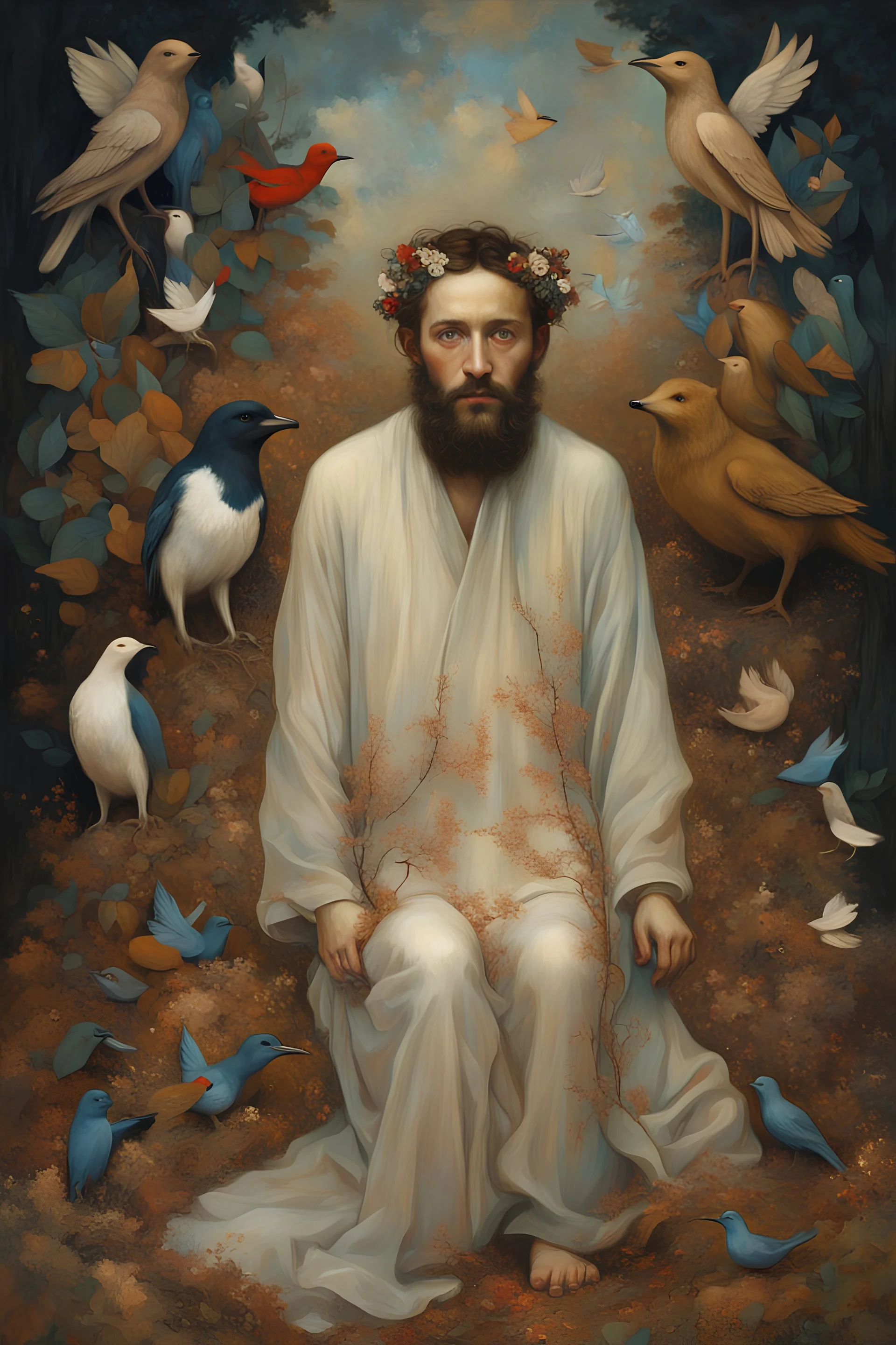 Otherworldly,Brad Kunkle full body view of a beardy Shia LaBeouf-John Krasinsky, beautiful body hues Paul Gauguin Medieval organza Klimt glitter robe sits on the ground holding a bramches nest with two colored birds.by meticulous Hieronymus Bosch oils, in fantasy hues by Paul Gauguin heightened palette., detail faces and body parts, total body-paint Iris Van Harpen curvilinear art Nouveau tattoos, Mario bava movie still, Masterpiece, sharp focus, raw photo environment scap