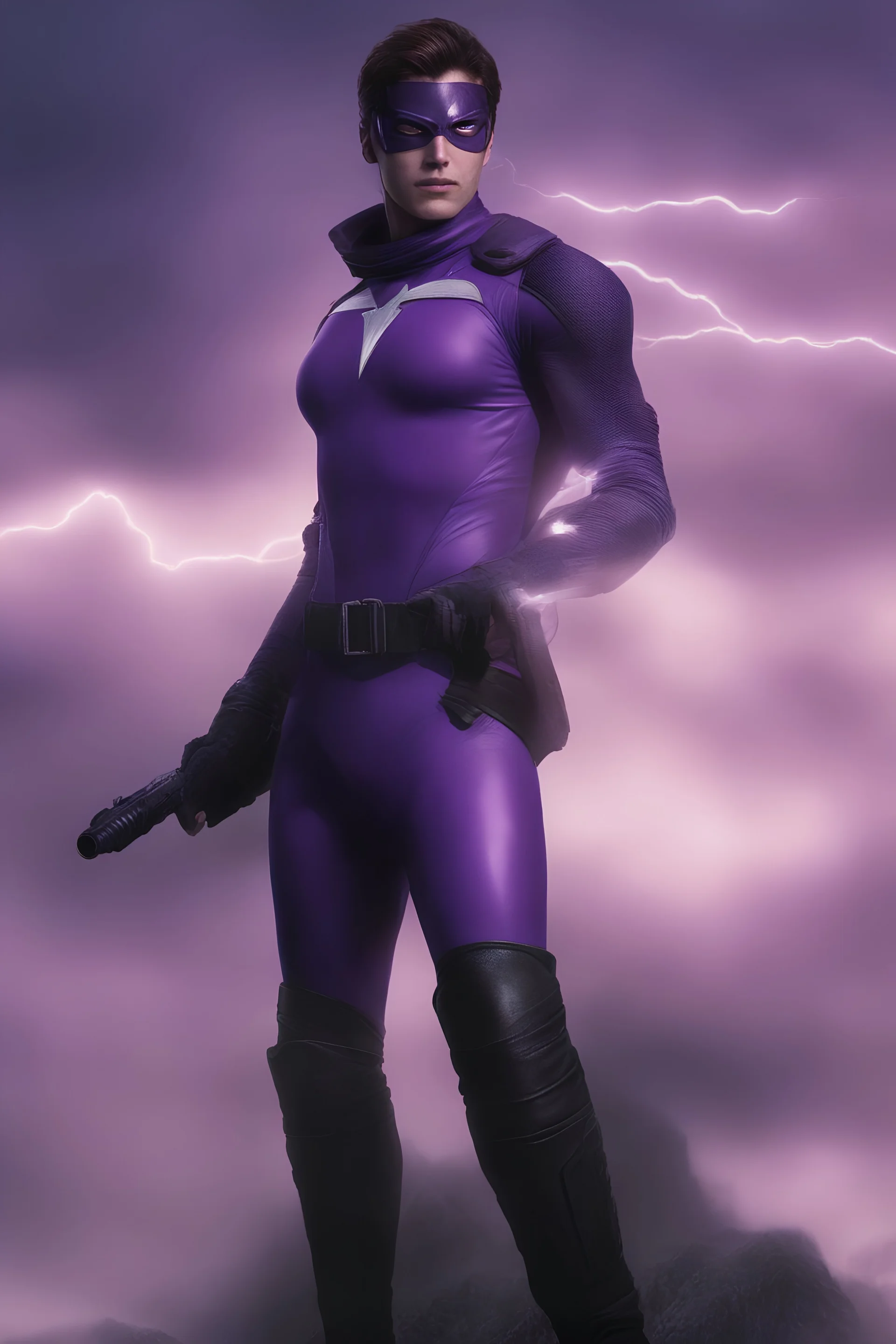 Kit Walker aka THE PHANTOM, Strong, athletic physique, action poses, wearing a skin-tight, formfitting purple bodysuit with a skin-tight, formfitting purple cowl, black eye disguise, black utility belt and double holstered pistol belt, black knee-high boots, glowing white eyes, battle scars, blood, foggy, cloudy background, multicolored lightning, flowing lava, Full Eclipse, aliens, explosions, bright, vibrant, extremely colorful, detailed, blood red skies