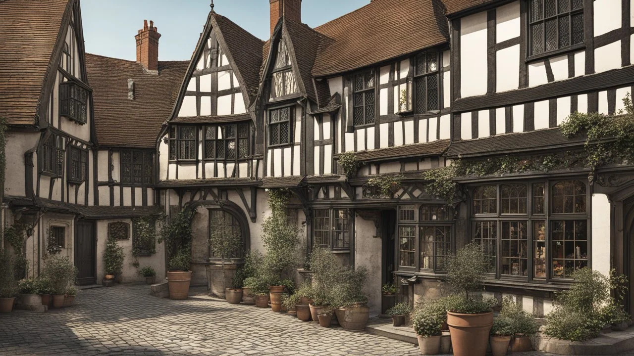 A Paved Courtyard, With Tudor Gothic Houses, Tall twisted Chimneys, twisted Roofs, People, Shops,