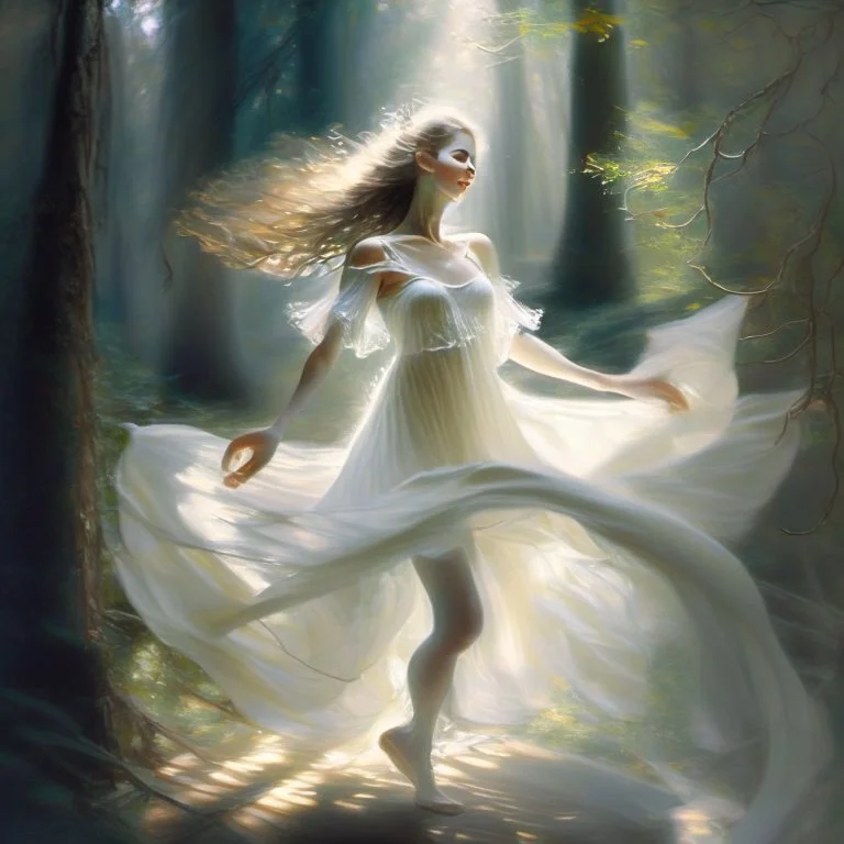 A sweet delicate music surrounding a gracious girl dancing barefoot in a forest, detailed beautiful face, she's wearing a white transparent dress, looks like a painting, volumetric lighting, depth of field