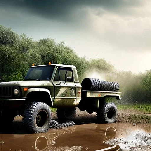 hyperrealistic shot, muddy military toy truck, monotone color palette, sharp focus, puddle reflection, tire water splash, refraction, mist on the horizon, shadowcast, detailed and intricate, cinematic composition, micro, tilt shift photography