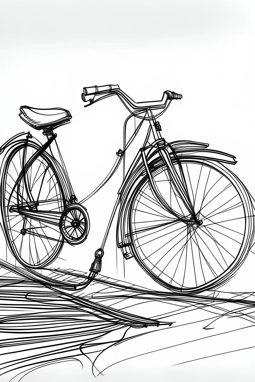 Outline art, no shading, , cartoon style, bicycle, black and white, low detail, --ar 9:11