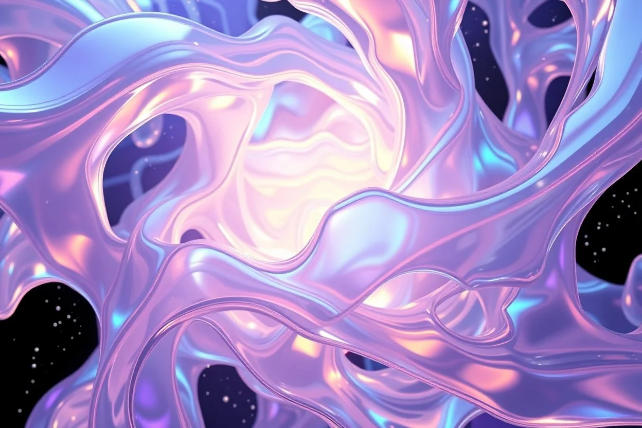create A picture of 3d complex hypnotic recursive colored translucent 3D complex structures evolving and morphing, fluid geometry shifting between organic and geometric forms, iridescent glass material with internal glow and pretty bubbles inside,instances must have random translucent material smooth camera orbit, galaxy background, seamless motion, cinematic lighting, generative art style.