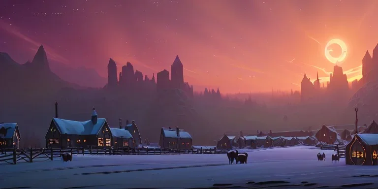 Small medieval fantasy Cattle farm in a bleak cold land, sunset, northern lights