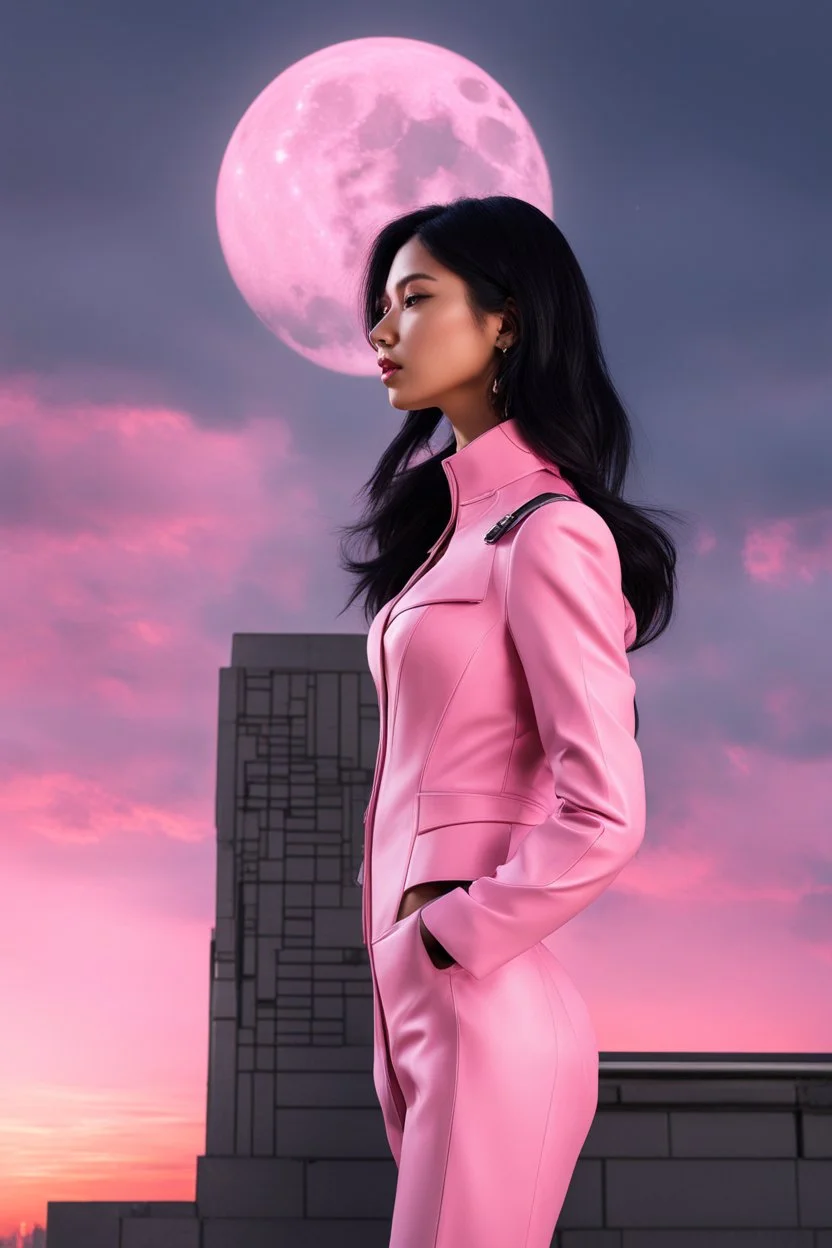 Photo Of A slim Woman With Black Hair, Wearing an android-looking suit, standing sideways On a ledge of a building, with a waning moon Behind Her Head, pink sunset with small clouds