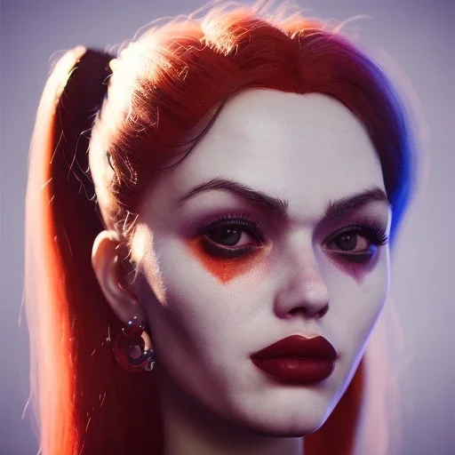 analog style,beautiful girl portrait, simmetric eyes, ambient, harley quinn make up outfit, ultra realistic photo,gotham city, unreal engine, paloroid, 100mm --aspect ratio 1:1