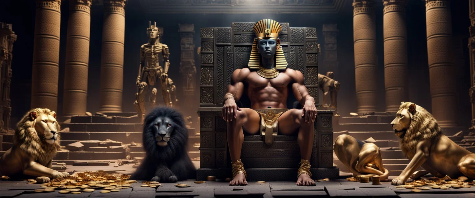 Hyper Realistic photographic-view of a Handsome Muscular Shirtless Robotic Pharaoh with sitting on his throne with his Black-Lion inside the ruins of his dark-pyramid with his workers golden-coins-scattered-on-the-floor & at dark night with dramatic & cinematic ambiance