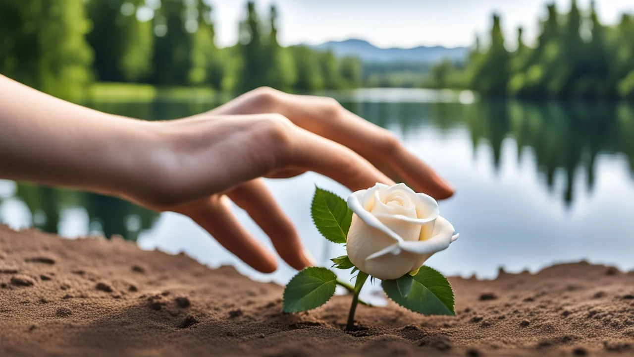 a young woman's perfect hand planted a white rose stem in the ground, in the background a lake, some green trees, ultra detailed, sharp focus, perfect hands with five fingers, perfect photo