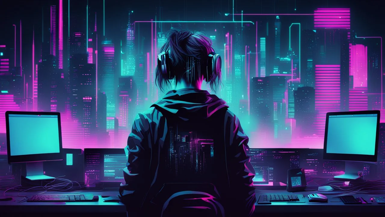 create me a hacker desktop background with the style of cyberpunk and glitchart