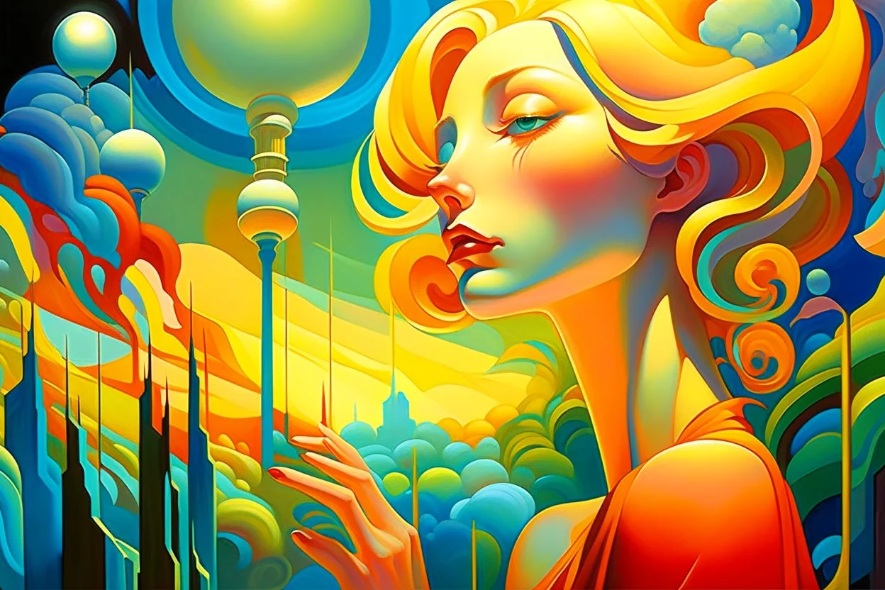 Close-up with faded misty colors. A Georgy Kurasov surrealist painting, with very long shadows, merging dream-like illogical objects that morph and melt into each other. The entire sky is a gigantic transparent glass female face with large eyes and a tropical forest inside her transparent head, merging with clouds. Huge golden alarm clocks, light bulb, dial telephone, typewriter, green apples. Under a light blue sky with puffy clouds.