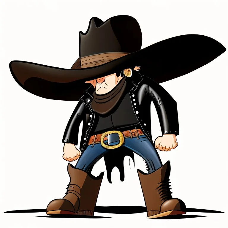 Caricatura de un hombre con sombrero vaquero de aleron grande negro cara levantada cuerpo completo