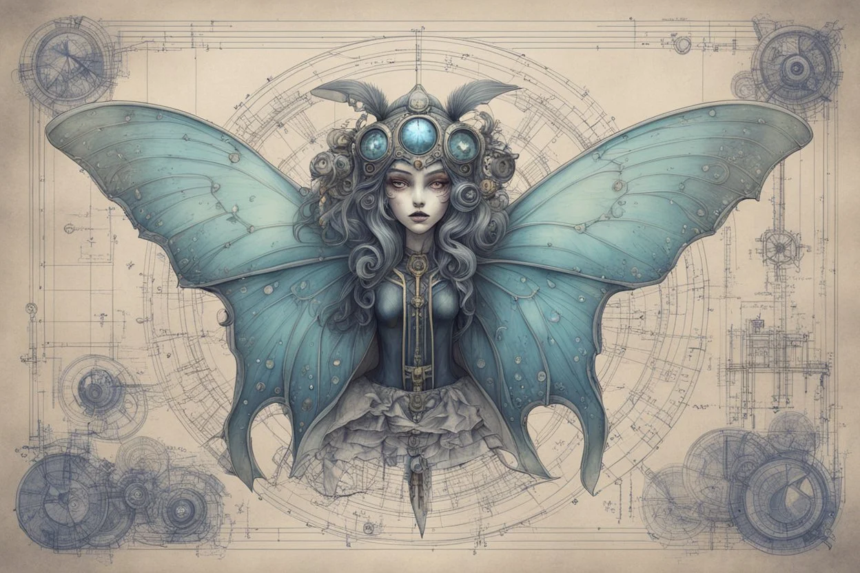 Jean-Baptiste Monge style hand drawn technical illustration with detailed blueprints and engineering schematics of a walking hybrid Luna moth goth girl, with highly detailed facial features with multi cellular eyes, drawings, and technical notation, 8k, vibrant natural colors,