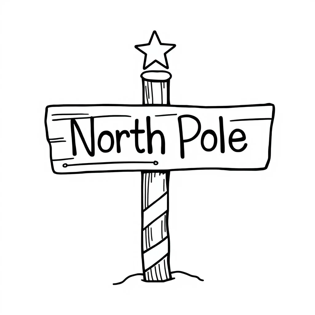 A black and white cute drawing of a North Pole sign, only outline, white background,for kids