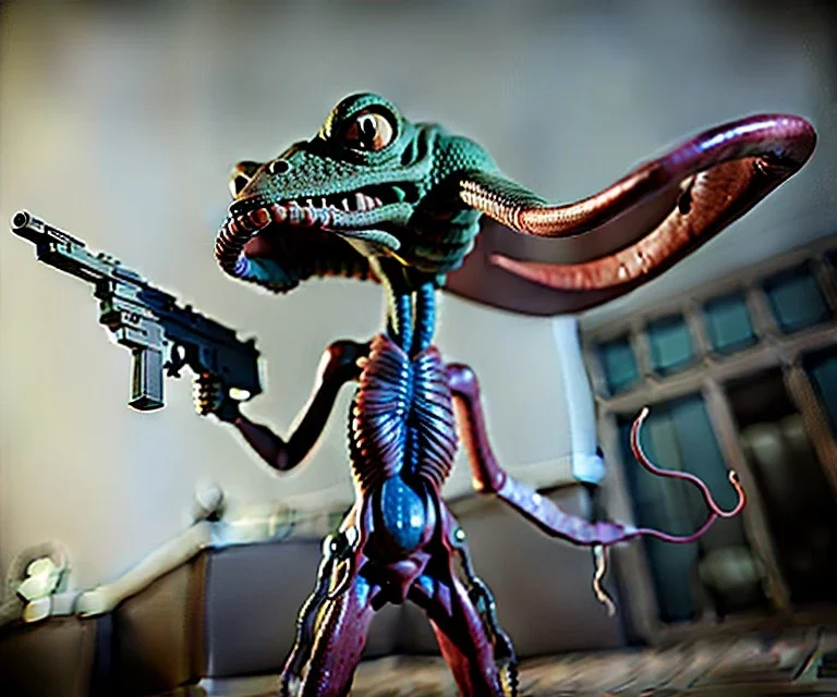 Alien, squid, metal, holding gun, pauldron, lizard,