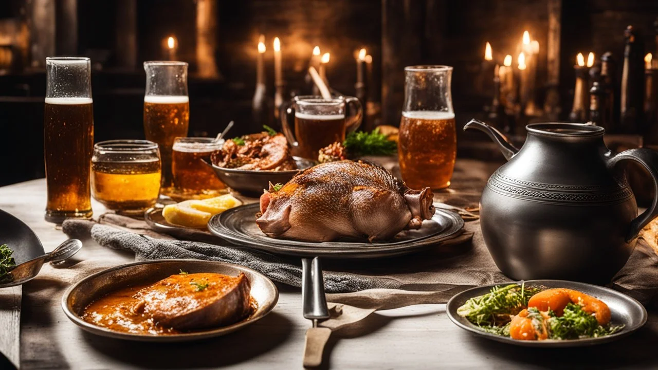 142857, delightful, sensitive, delicious food, banquet, pewter tankards and pewter plates, pewter mugs, pewter cups, beer, ale, confident, night, darkness, architecture, filled with delicious food, splendid cooked pig's head, award-winning photograph, beautiful composition, chiascuro