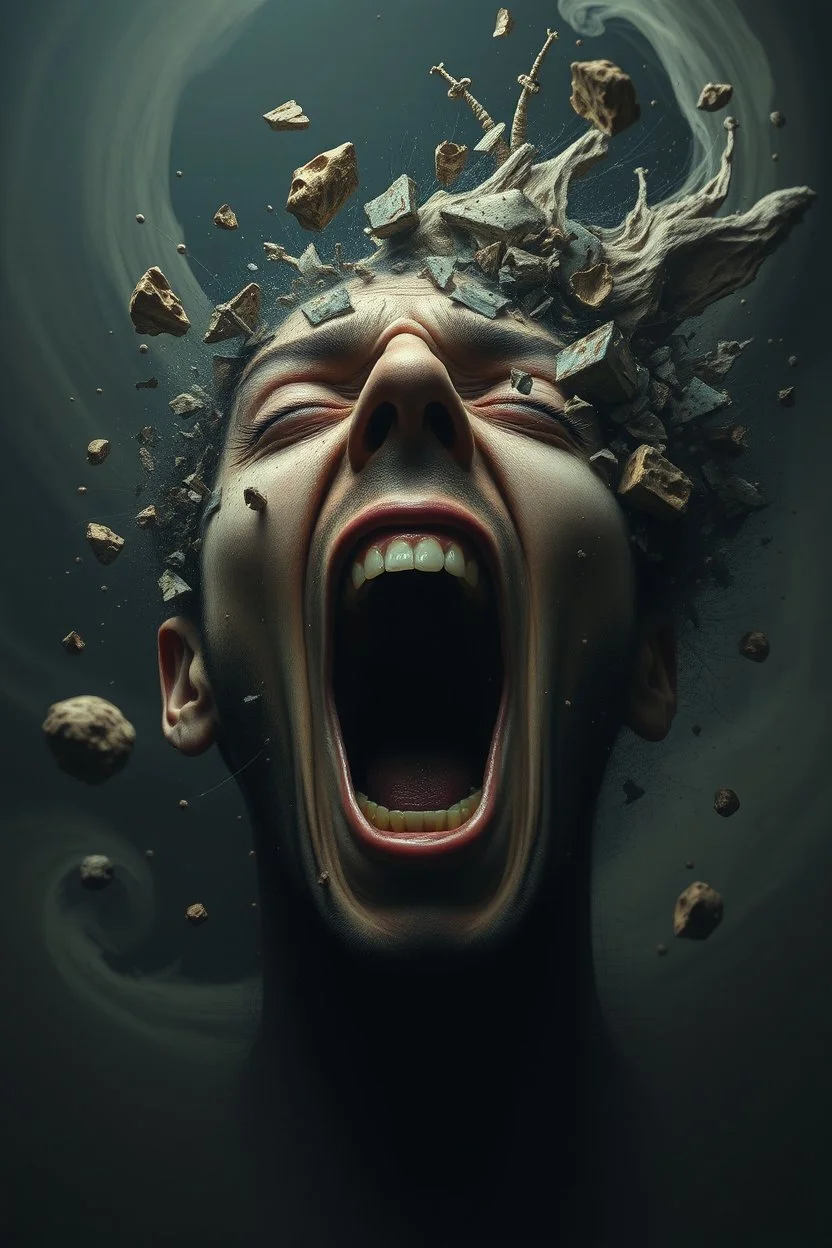 full disintegrating face and head, screaming, blur human face with falling to pieces, pain, loneliness, sad, despair, madness, fear, swirling, surreal dark background, storm, wind, floating of non-figurative weird cepy shapes, the metaverse and inner galaxy expanding, dark hole, resignation, cold, barren world, surreal style by Vincent Lefevre, El Kazovszkij, Anton Semenov, Natalia Drepina , Yoshitaka Amano, dark mode, deep dark colors, thriller