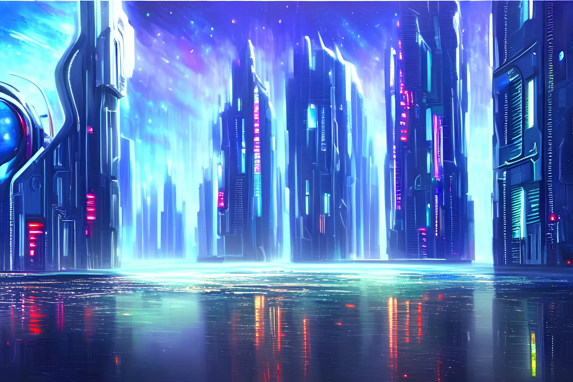 Futuristic cyberpunk buildings, galaxy, impressionism influence, realistic painting