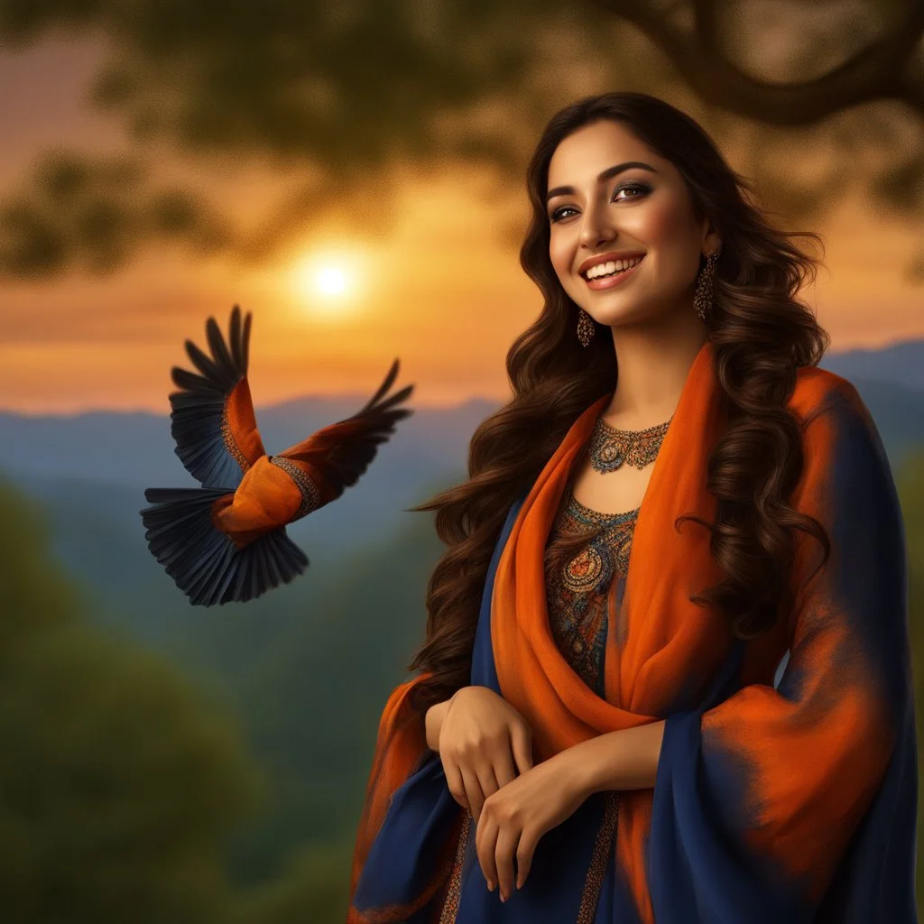 Hyper Realistic photographic-view of a Beautiful-Young-Happy-Pashto-Woman-smiling-with-a-bird-on-his-hand with navy-blue-dress-&-orange-shawl & breeze-whirling in a jungle-with-tall-trees & cloudy-sunset-&-sun-rays showing dramatic & cinematic ambiance