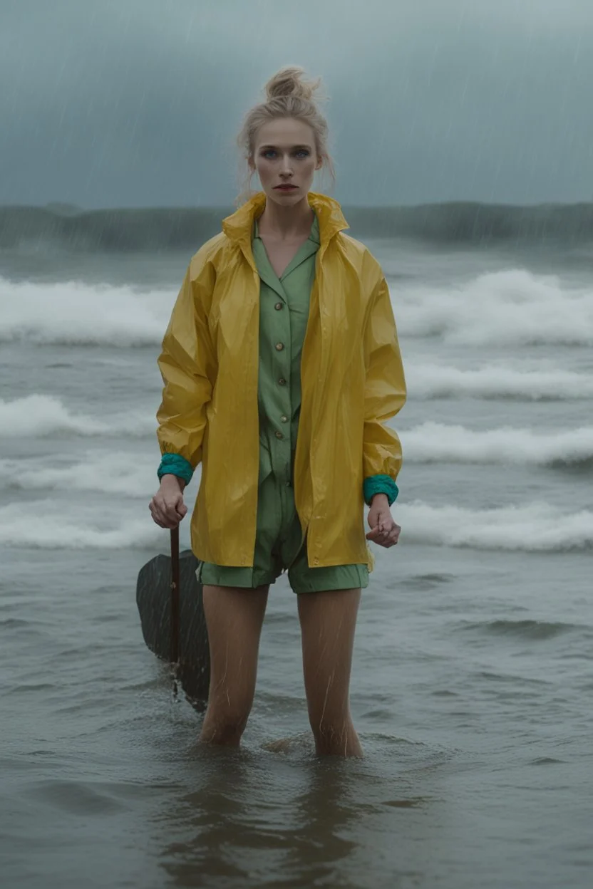 In the music video, a 23-year-old woman with blonde hair and bright blue eyes stands in the sea, se has a bun. Dressed in a yellow fisherman's jacket and green rainpants. She holds an umbrella, but it offers no protection from the pouring rain. Around her, heavy horses are moving. The rain is pouring heavily. She is standing in the middle of the sea. You can see here completely. Horses only the girl and horses, i wanna see the horses dancing around her. NOT SEXY!! horses not sexy!!!!!