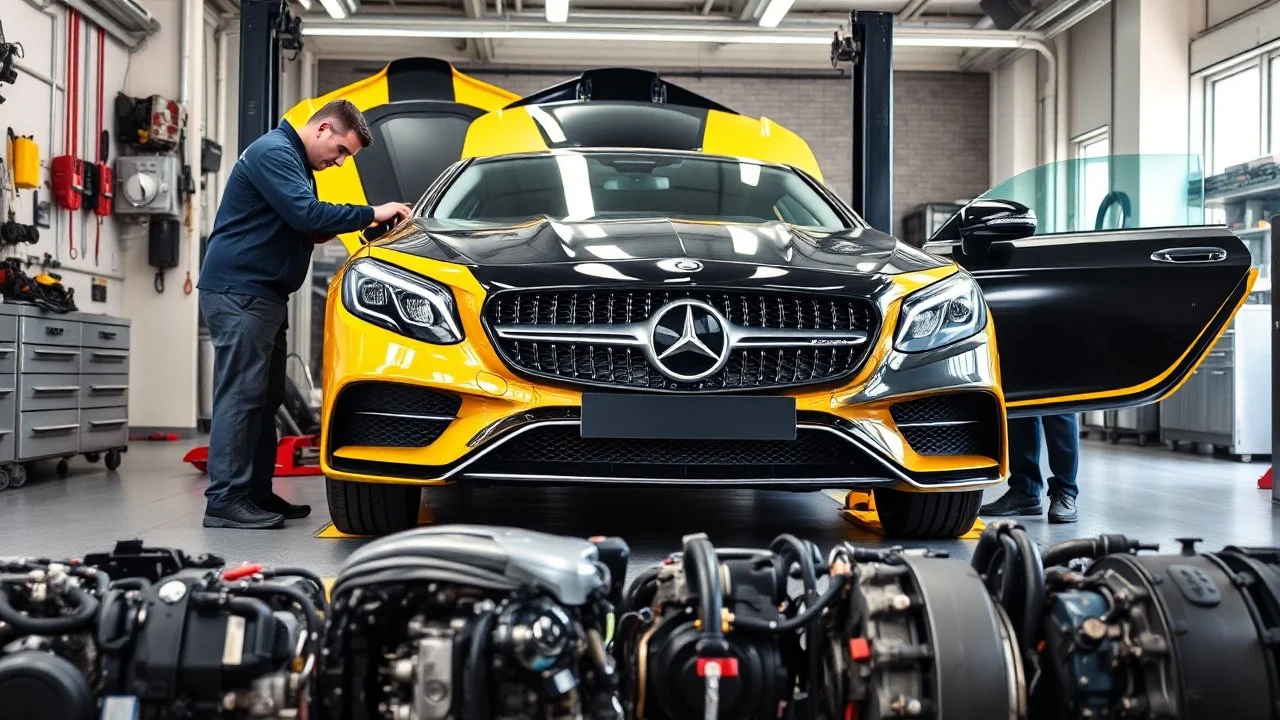 A car repair shop where two people in work clothes are repairing a black and yellow Benz CLS 550 with an eye-catching theme in a sophisticated and special repair shop where at the bottom of the image a collection of car engine parts is arranged on the floor
