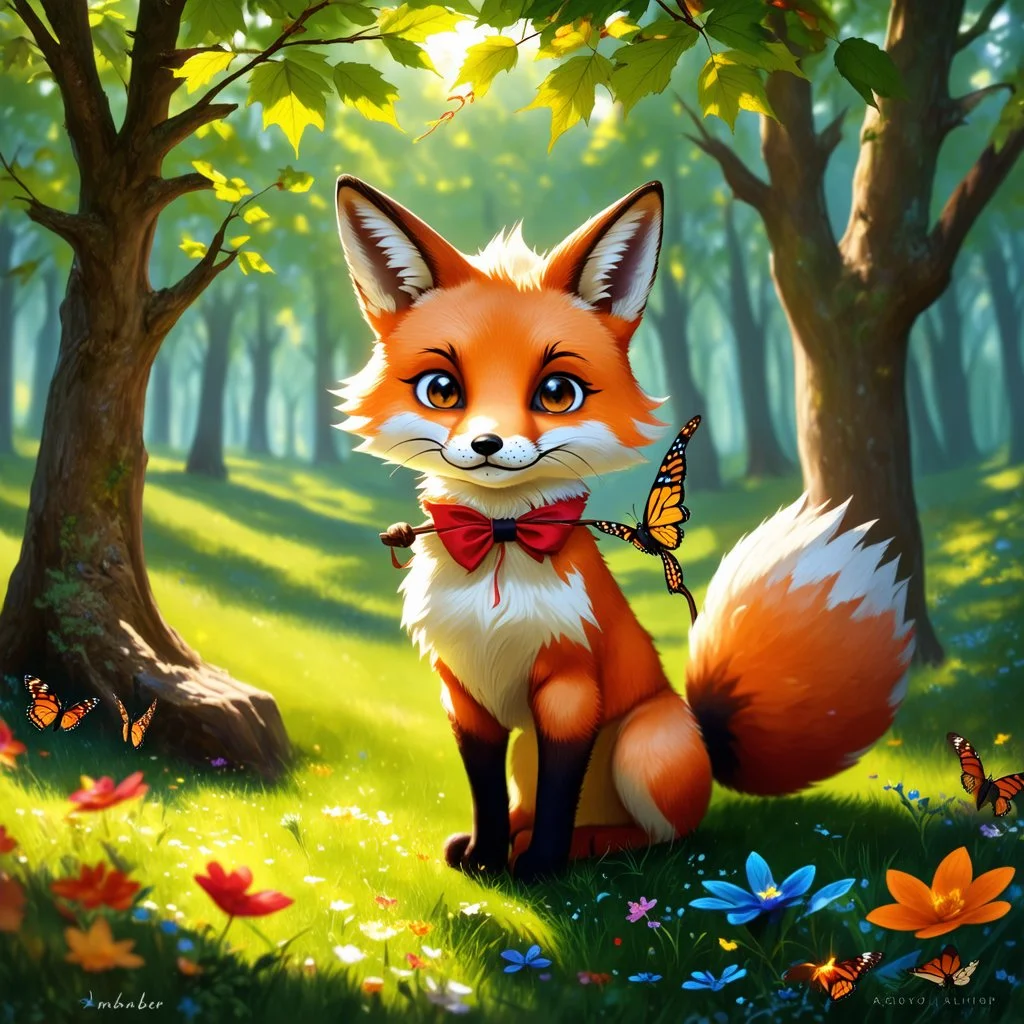 🔥 PROMPT: In a peaceful woodland, where the leaves whisper secrets and flowers bloom with hidden magic, lives a gentle fox named Amber. Unlike any ordinary fox, Amber wears a bow tied with enchanted threads that grant her the power to soothe and heal the forest’s creatures. One day, however, the forest begins to wither, and the once-vibrant butterflies lose their colors. With her quiet strength and the help of her woodland friends, Amber must discover the source of the darkness and restore the