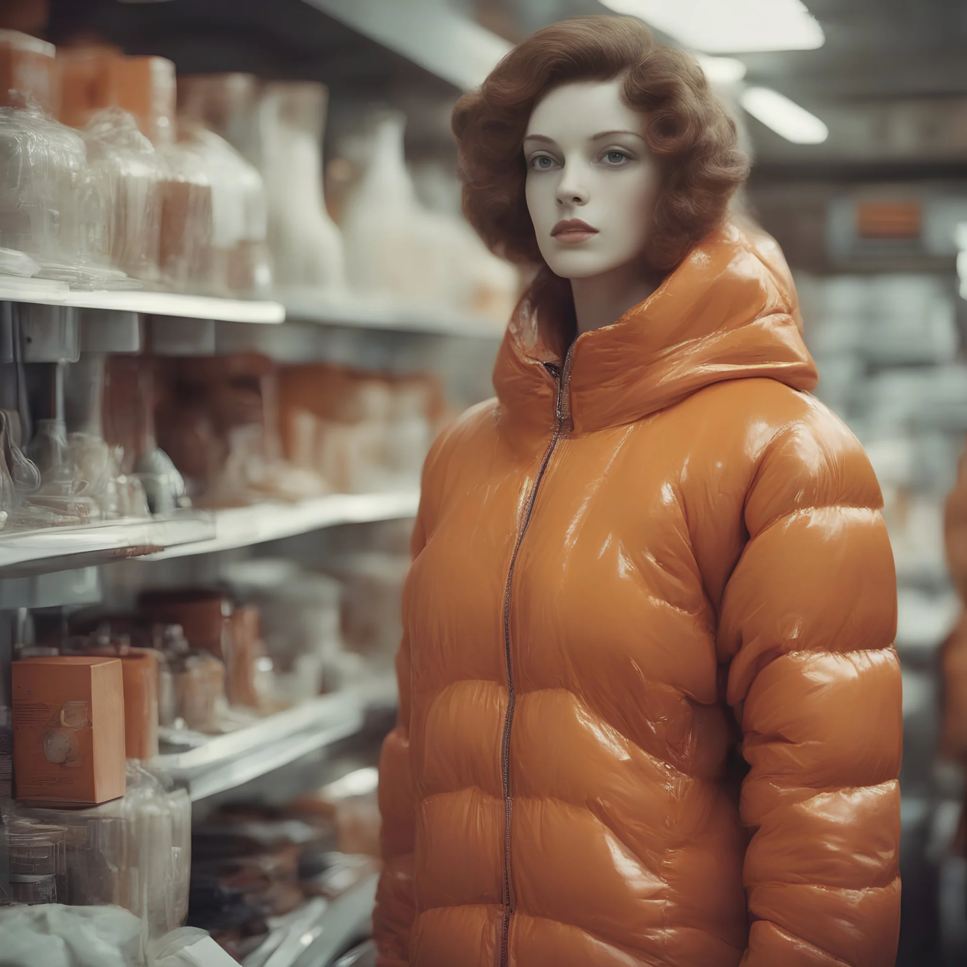 A plastic female mannequin in a shop, autochrome, orange plastic puffy jacket