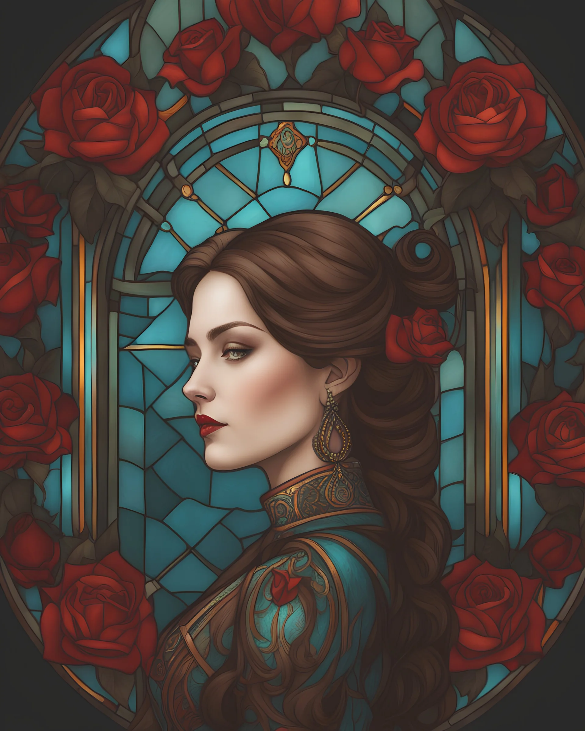 Intricately detailed character illustration resembling stained glass, featuring a woman embellished with (crimson roses:1.3), rendered with an eerie realism, illuminated in enchanting (light cyan and amber hue