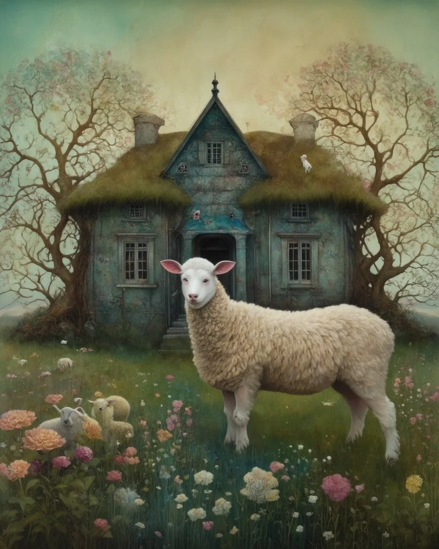 Intricately textured Amanda Clark, Catrin Welz-Stein, Zdzisław Beksiński and Dee Nickerson style mix, iridescent pastel colours; "Whimsical, bizarre, twisted, bending house on a flowering meadow, branches growing from roof, fences, many sheep," watercolor painting, meticulous detail with fine pen strokes, intricate patterns, fantasy landscape elements, fractals, dreamlike atmosphere, imaginative composition, artistic interpretation by SK, intricate linework, organic textures, sunny lighting.