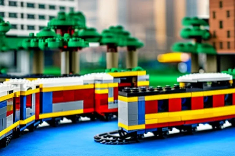 Lego train+in realistic big city